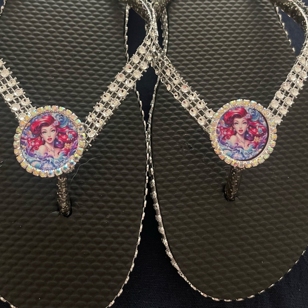 Black and Silver Flip Flops with Rhinestone Detail